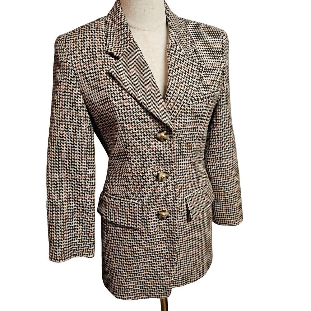 Vintage Ugo Collection Houndstooth Blazer Women's 36 4 Tan Button Front Jacket